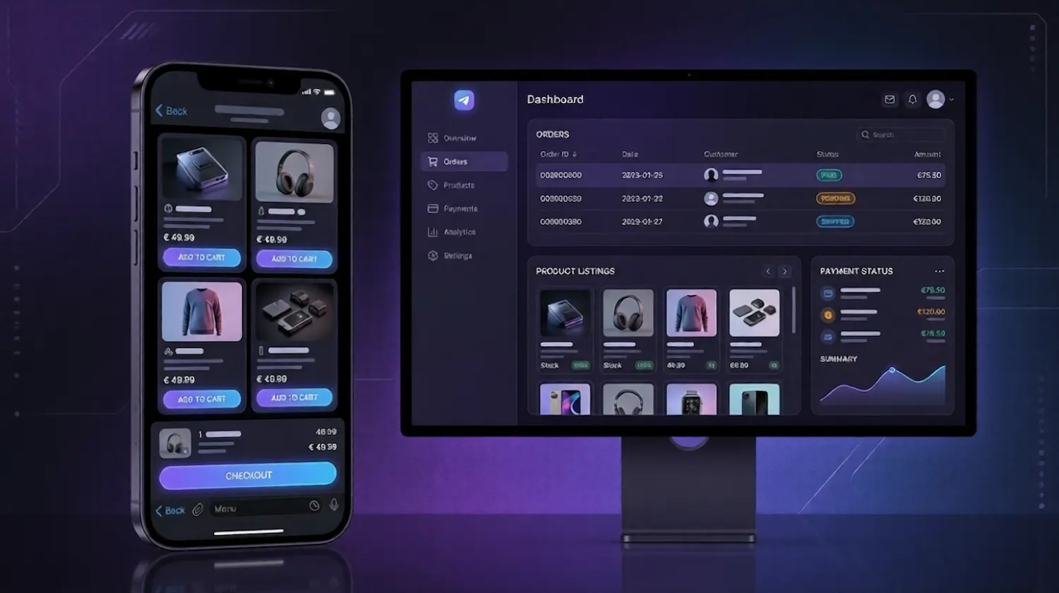 telegram shop storefront interface with products checkout and payment flow inside Telegram