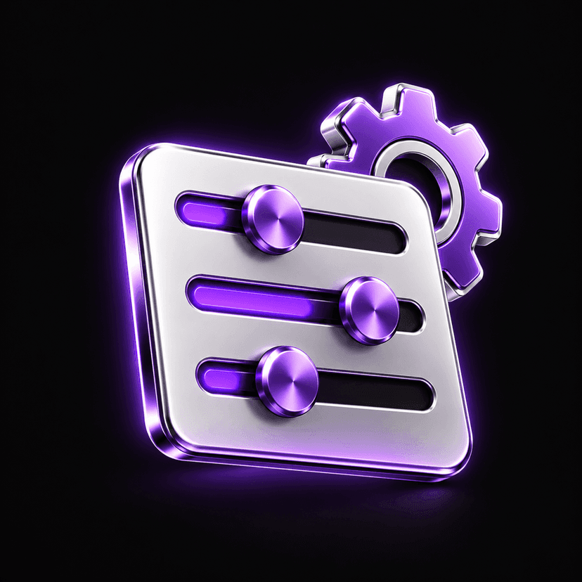 3D settings panel with violet sliders and a gear
