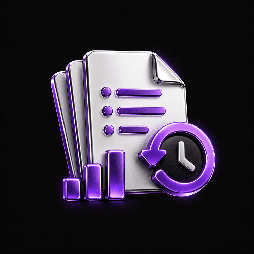 3D records and reporting illustration with documents and history indicators