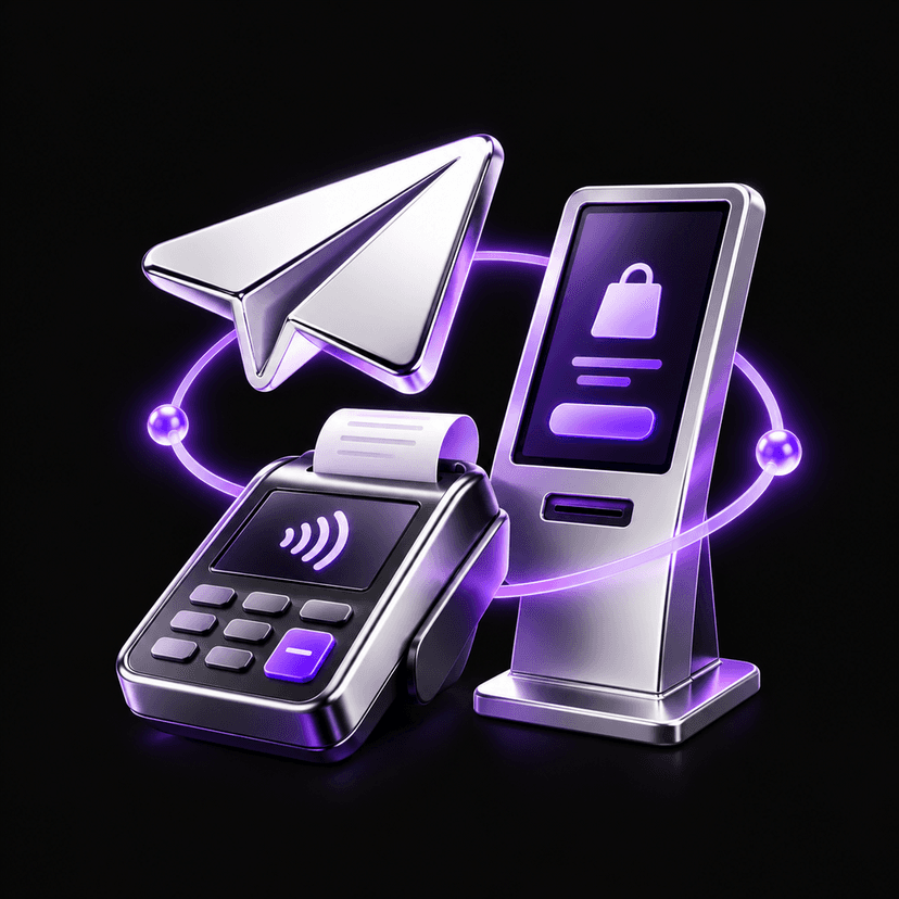 3D illustration of Telegram, POS and self-service kiosk channels