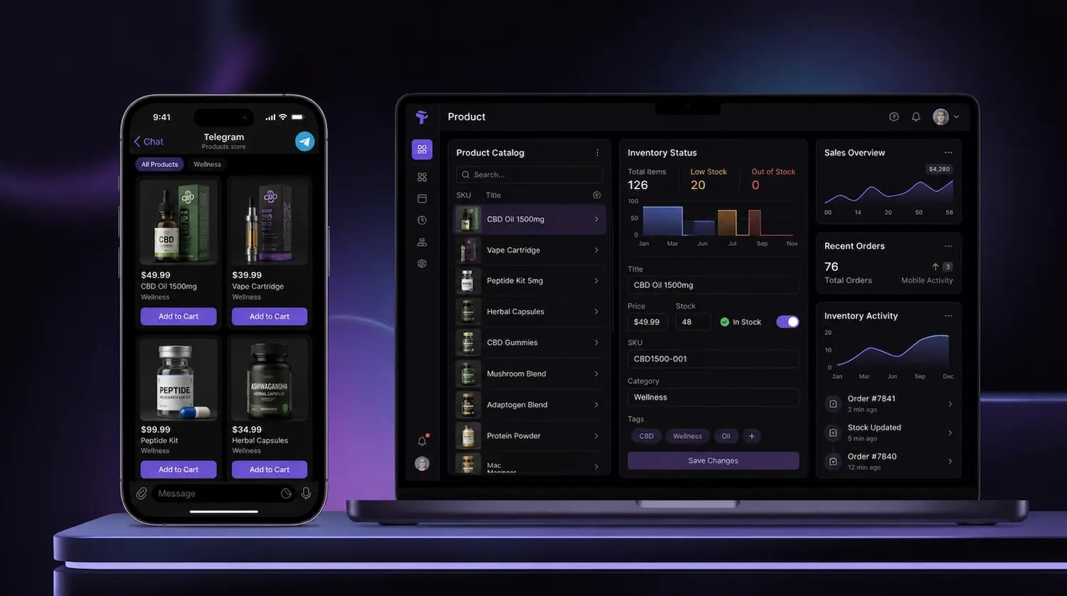 Trapyfy dashboard for managing products, stock, pricing, and availability in a Telegram store