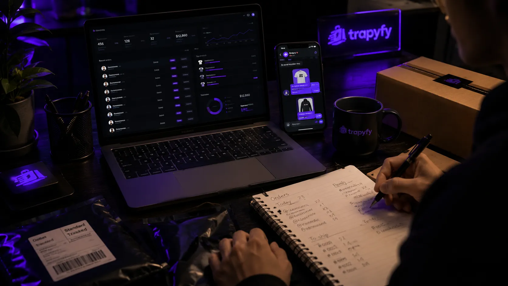 Merchant manually managing Telegram orders, customer messages and fulfilment tasks from a desk workspace