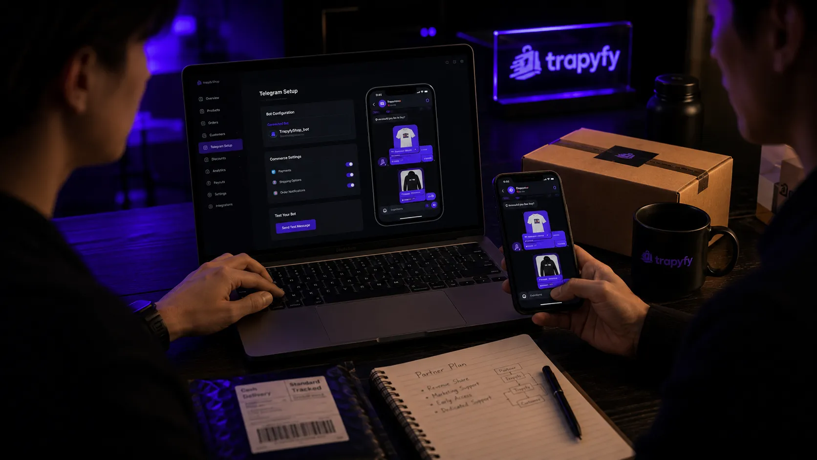Trapyfy workspace showing merchant dashboard, Telegram storefront and connected commerce operations