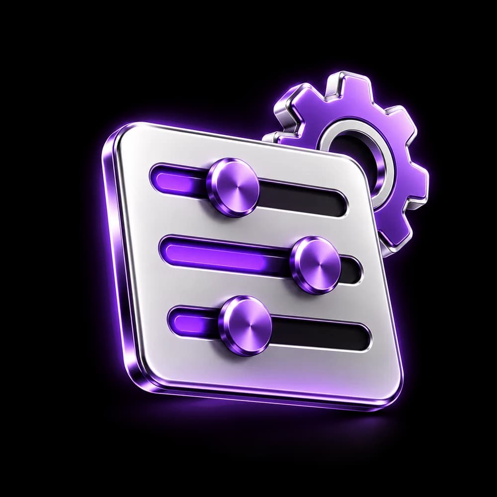 3D settings panel with violet sliders and a gear