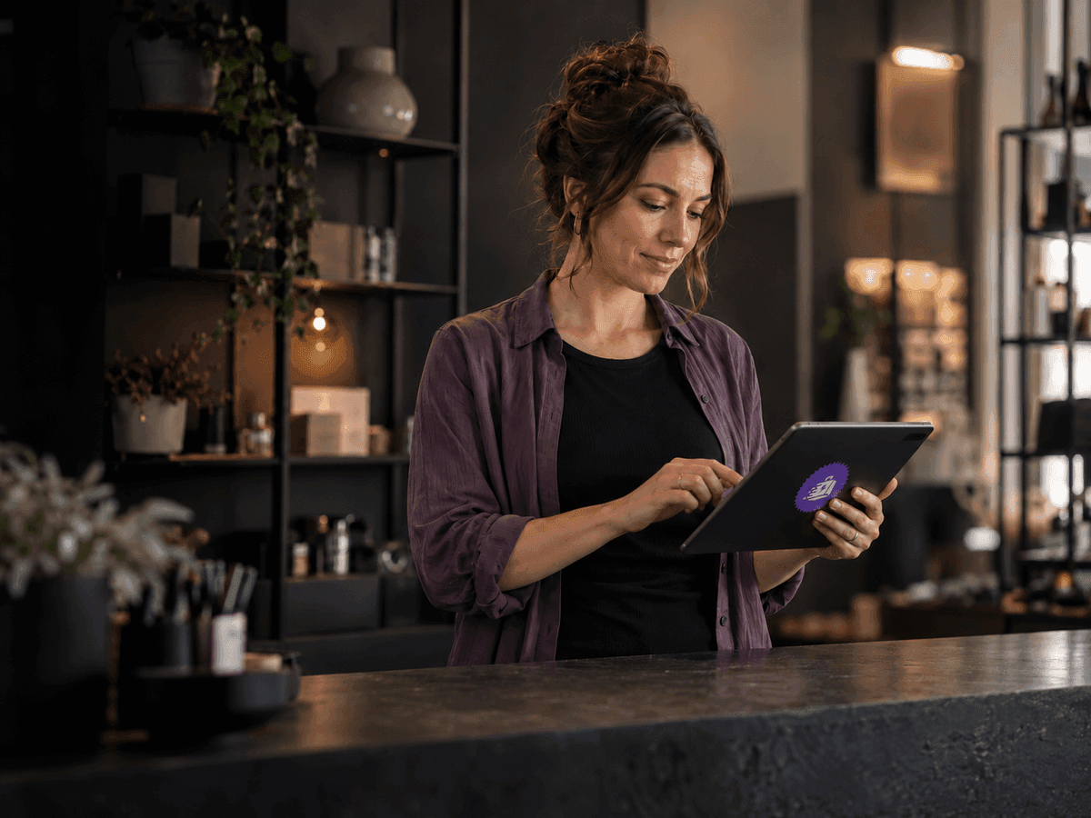 Retail professional holding a tablet with the Trapyfy logo